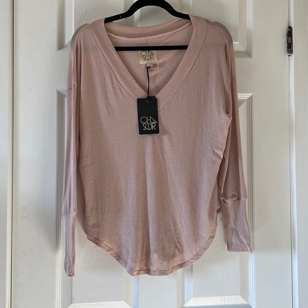 Chaser linen blend blush pink v neck long sleeve top lounge